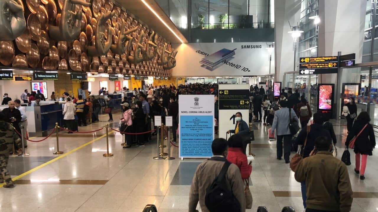 Coronavirus alert signage at New Delhi International airport in view of the Coronavirus outbreak.