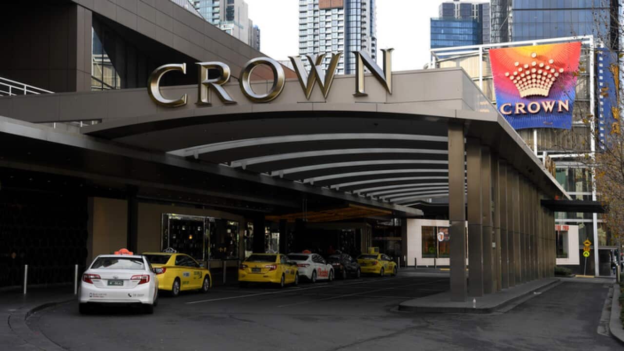 General view of exterior signage at Crown Casino, Southbank, Melbourne, Saturday, July 27, 2019. (AAP Image/James Ross) NO ARCHIVING