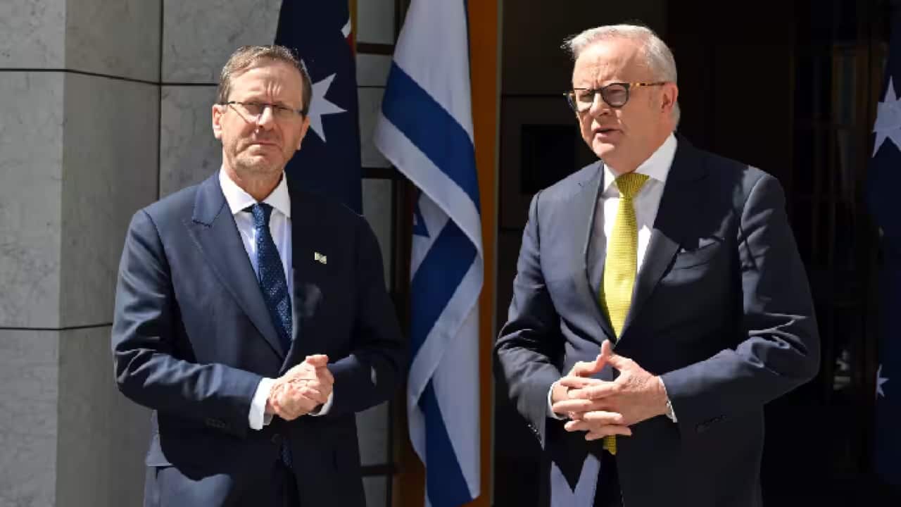 Isaac Herzog met with Prime Minister Anthony Albanese on the steps of parliament.png