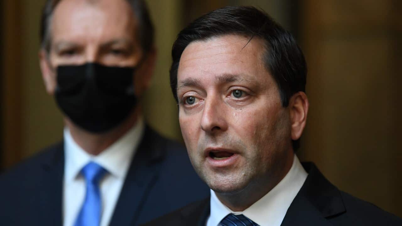Re-installed Victorian Liberal leader Matthew Guy speaks to media following a party room meeting in Melbourne