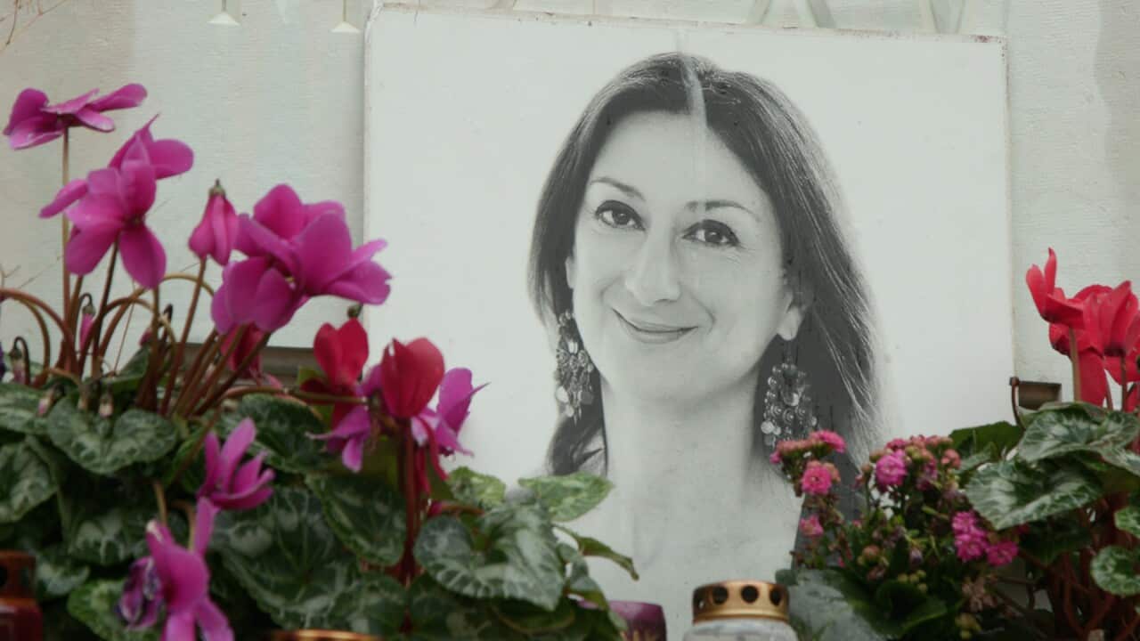 Pink and red flowers in front of a black-and-white portrait of a smiling woman with dark hair and large earrings