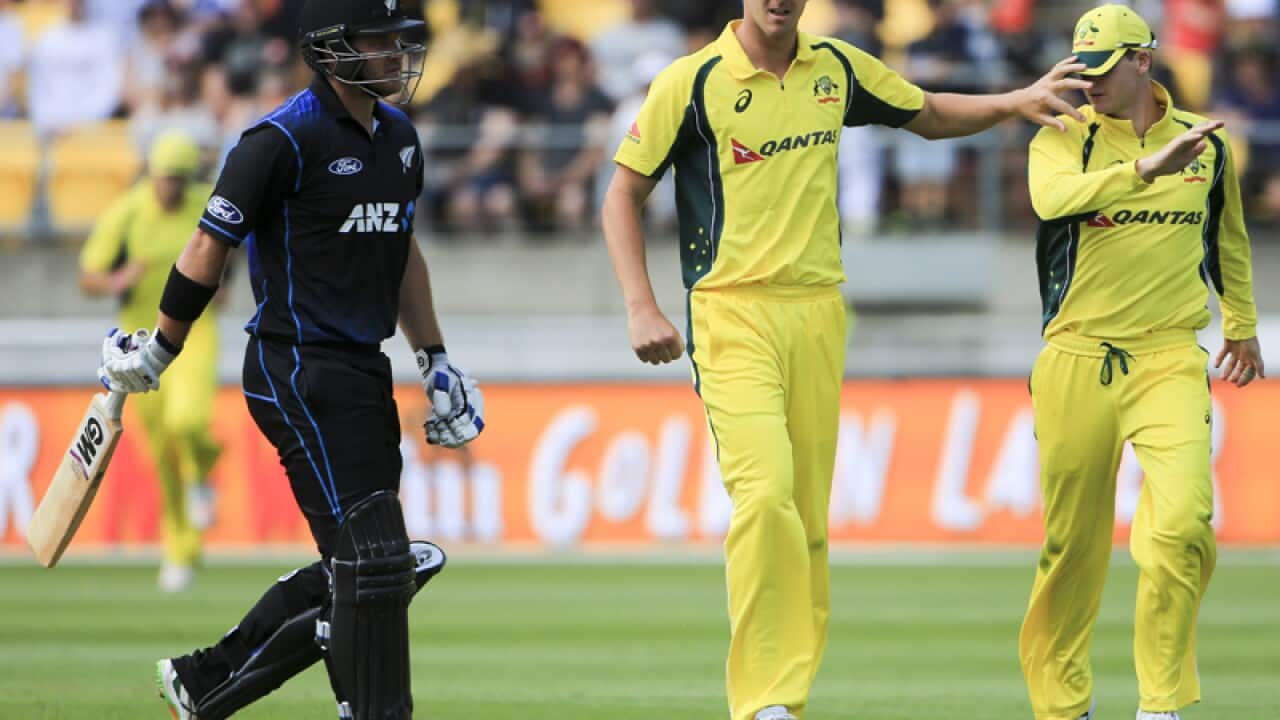 Australia's Josh Hazlewood celebrates the wicket of Corey Anderson.