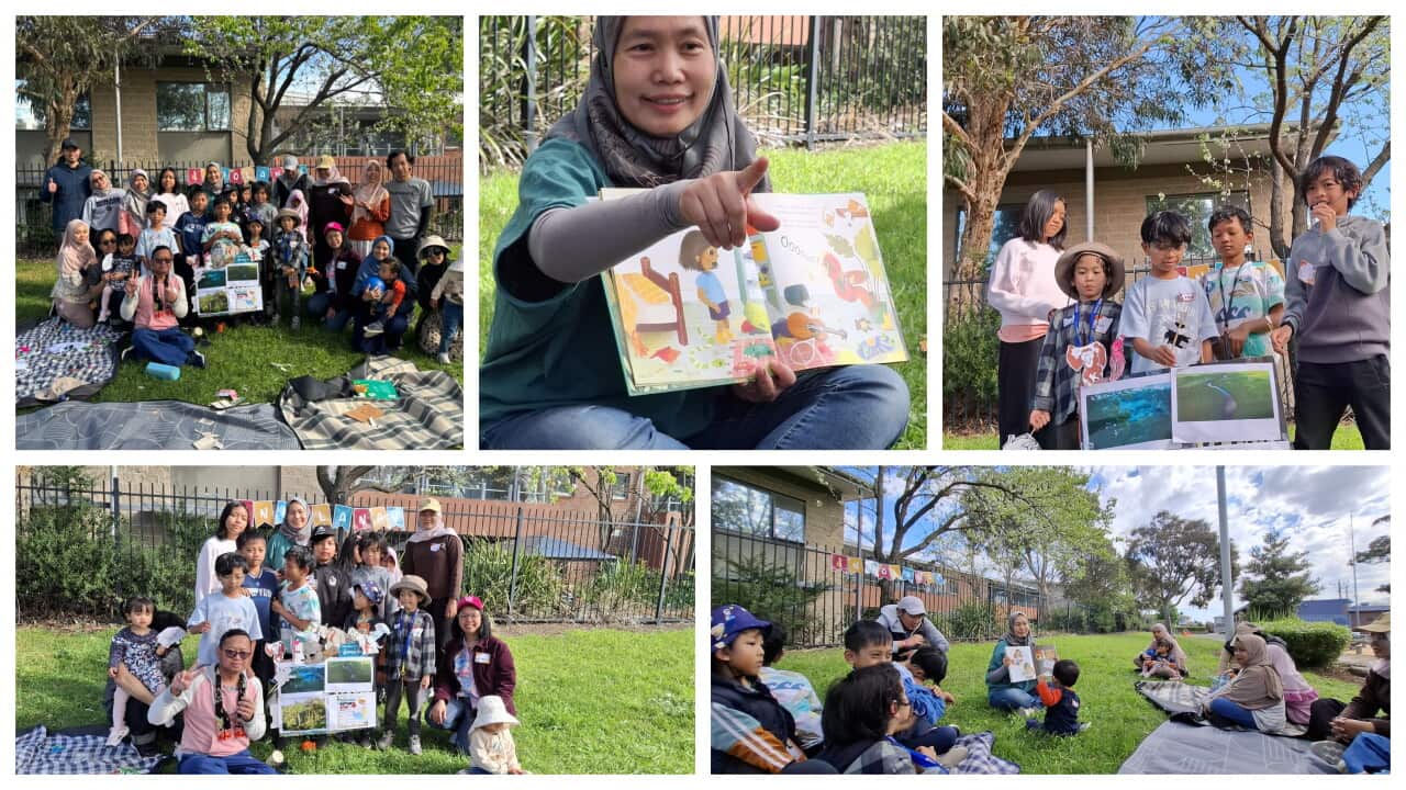 Dian Fikriani (holding a book), facilitator of the "Indolanan - Hutan Otan" activity focused on environmental conservation, with children and their parents at Carlson Reserve, Clayton – September 19, 2026. Photos courtesy: Indolanan 2026.