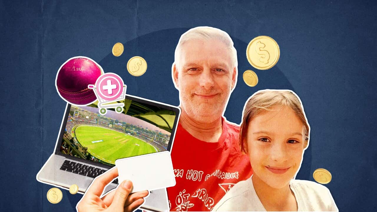 A digital graphic showing a father posing with his daughter, with gold coins floating around them and a laptop, cricket ball, and digital graphic of a shopping cart next to them.
