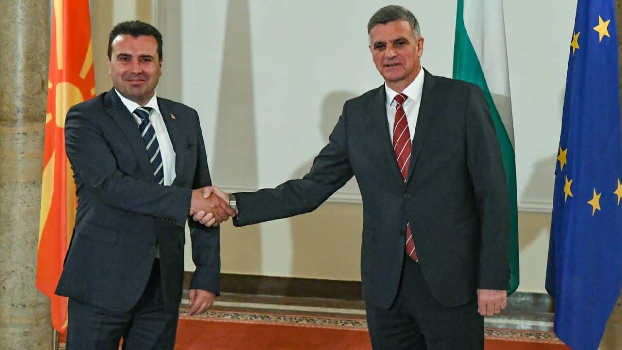 Bulgarian caretaker Prime Minister Stefan Janev (R) welcomes Macedonian Prime Minister Zoran Zaev (L) in Sofia, Bulgaria,17 June 2021