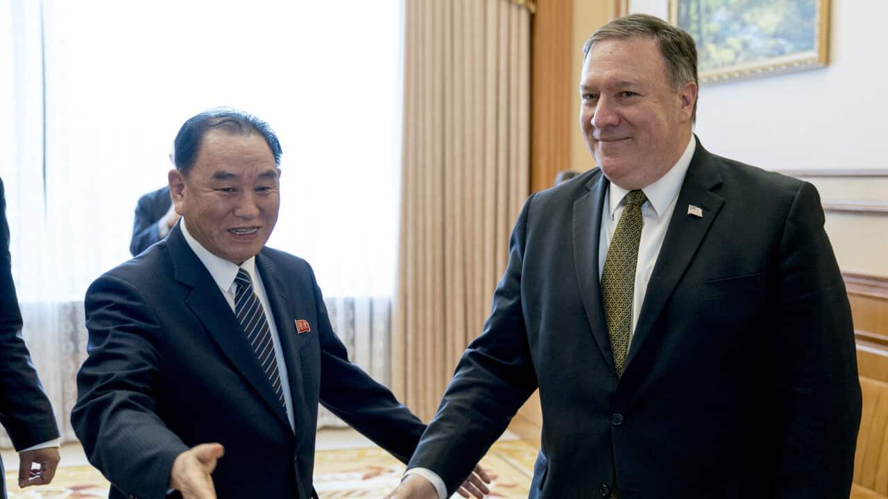 FILE: July 2018 Mike Pompeo and Kim Yong Chol, a North Korean senior ruling party official and former intelligence chief, arrive for lunch in Pyongyang