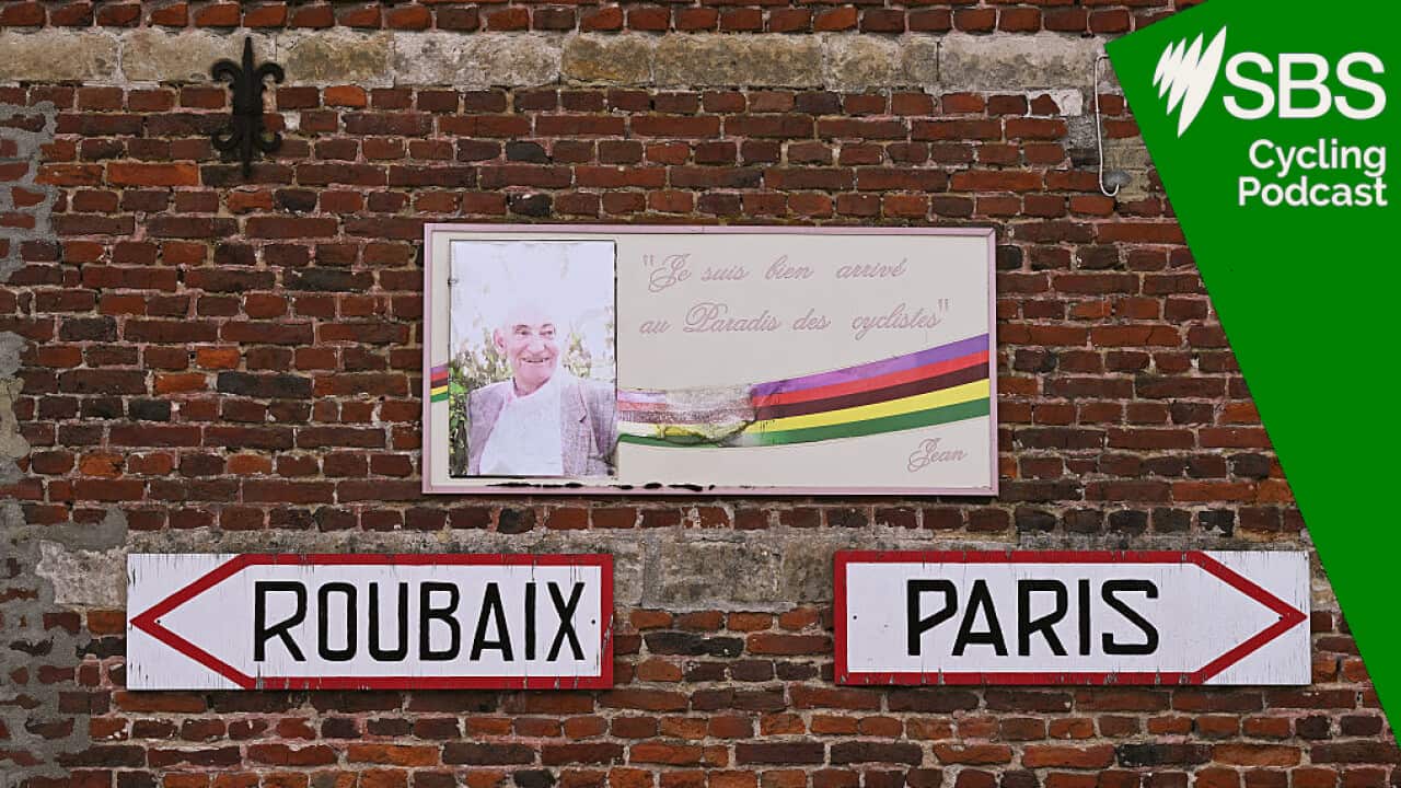 ROUBAIX, FRANCE - APRIL 12: Commemorative plaque in honor of Jean Stablinski (1962 World Champion) during the 123rd Paris-Roubaix Hauts-de-France 2026 - Men's Elite a 258.3km one day race from Compiegne to Roubaix / #UCIWT / on April 12, 2026 in Roubaix, France. (Photo by Dario Belingheri/Getty Images)