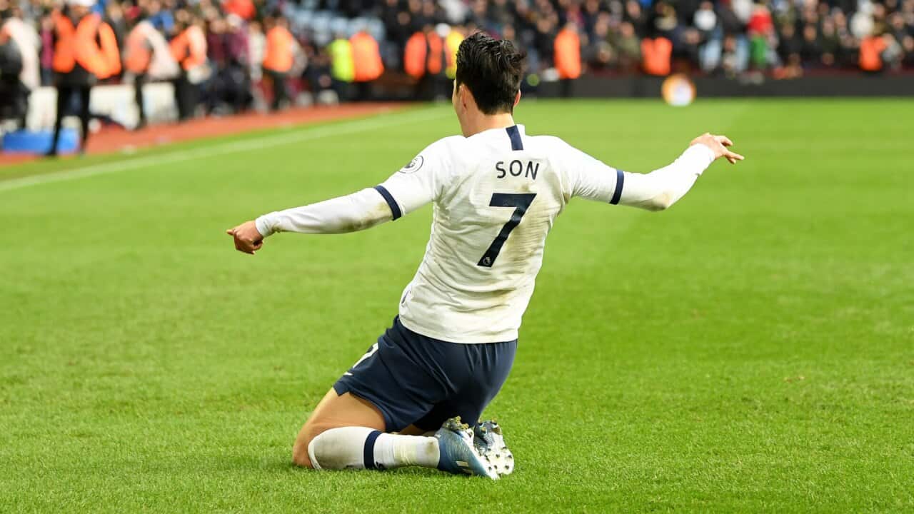 Son Heung-min celebrates his stoppage-time winner against Aston Villa.