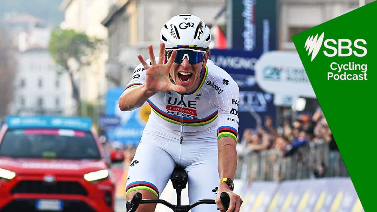 BERGAMO, ITALY - OCTOBER 11: Tadej Pogacar of Slovenia and Team UAE Team Emirates celebrates at finish line as race winner during the 119th Il Lombardia 2025 a 241km one day race from Como to Bergamo on October 11, 2025 in Bergamo, Italy. (Photo by Dario Belingheri/Getty Images)