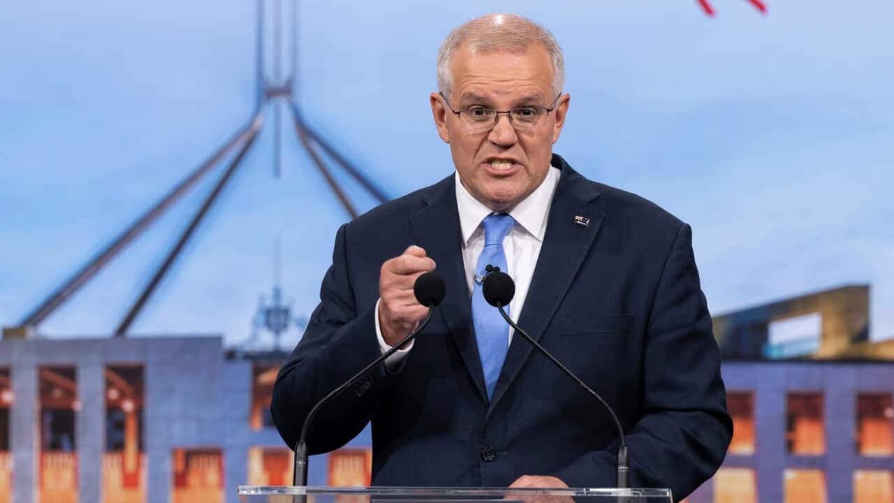Australian Prime Minister Scott Morrison during the second leaders' debate ahead of the federal election at Nine Studios in Sydney, Sunday, May 8, 2022.