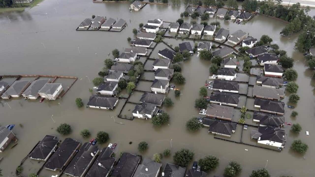 Homes surrounded by floodwaters in Spring, Texas