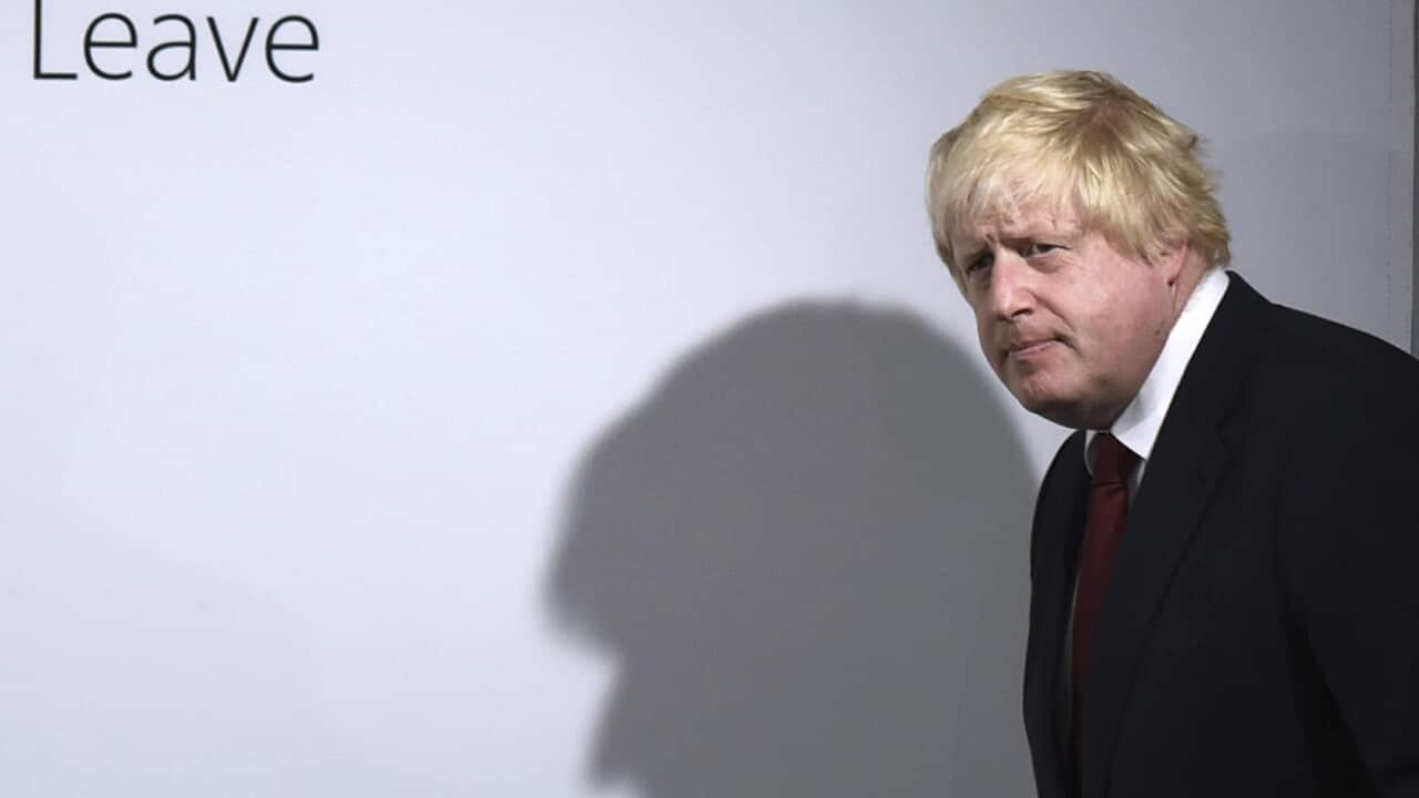 FILE - In this Friday, June 24, 2016 file photo, Vote Leave campaigner Boris Johnson arrives for a press conference at Vote Leave headquarters in London, He was the mayor who reveled in the glory of hosting the 2012 London Olympics, and the man who led the Conservatives to a whopping election victory on the back of his mission to “get Brexit done.” But Boris Johnson’s time as prime minister was marred by his handling of the coronavirus pandemic and a steady stream of ethics allegations. (Mary Turner/Pool via AP, File)