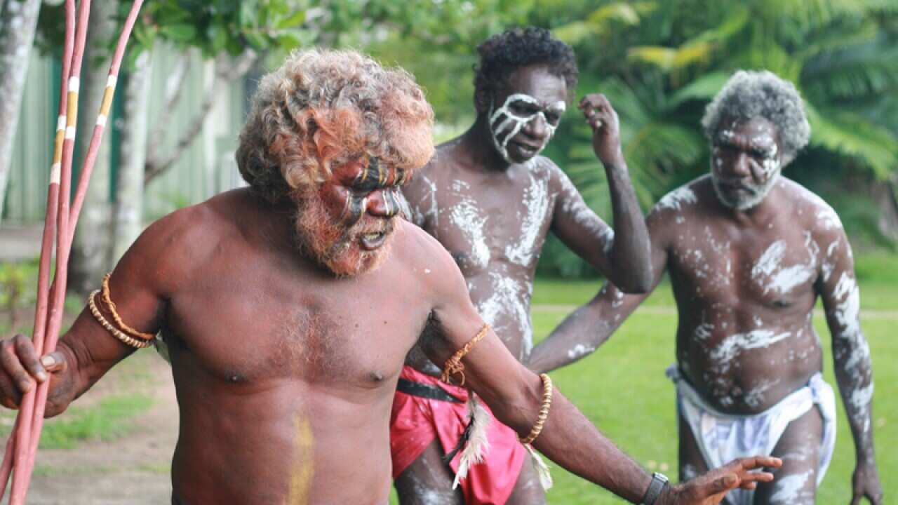Tiwi islanders dance during a celebration