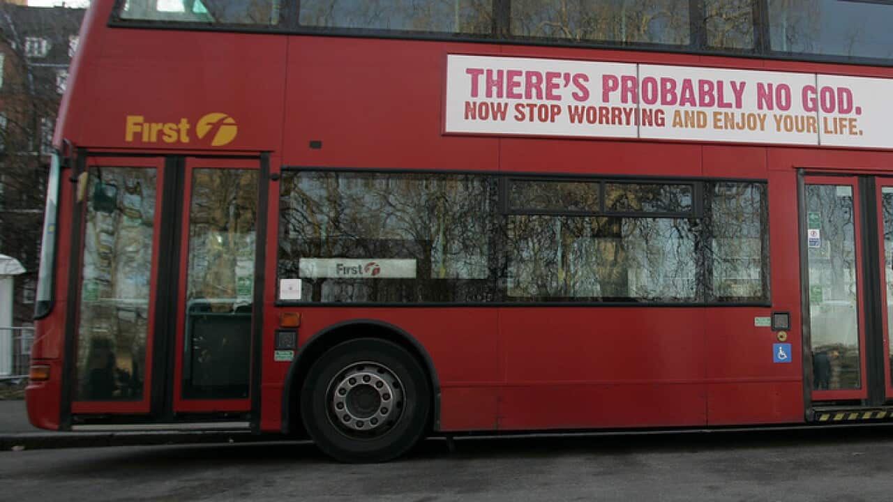A London bus featuring an atheist advertisement