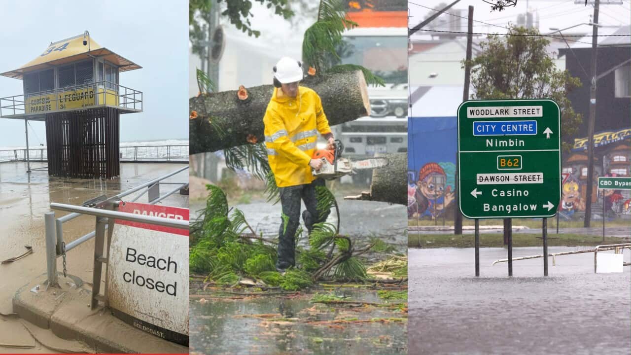 A flooded beach area, emergency personnel treating wires and a flooded road.
