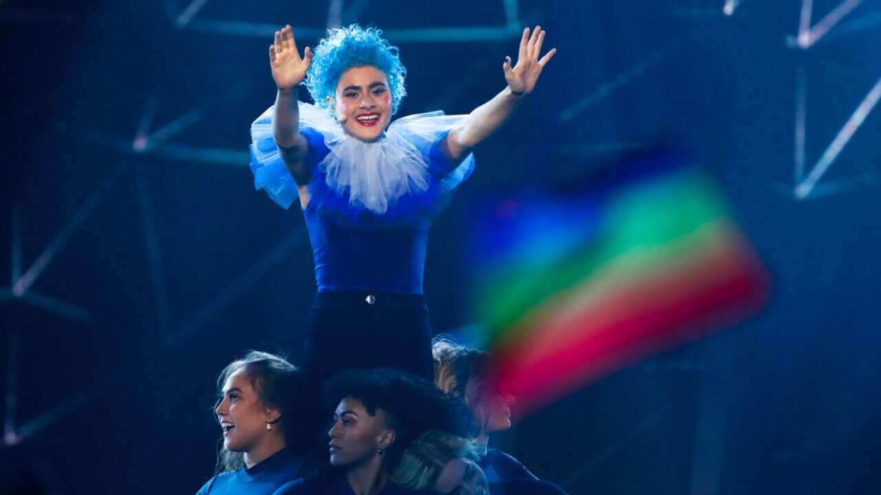 Montaigne during the 2020 Eurovision - Australia Decides final at the Gold Coast Convention and Exhibition Centre