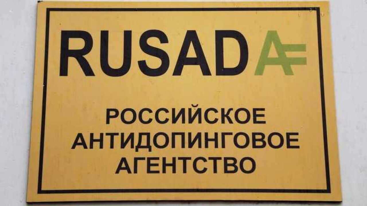 A plaque of the Russian Anti-Doping Agency (Rusada) on a building in Moscow