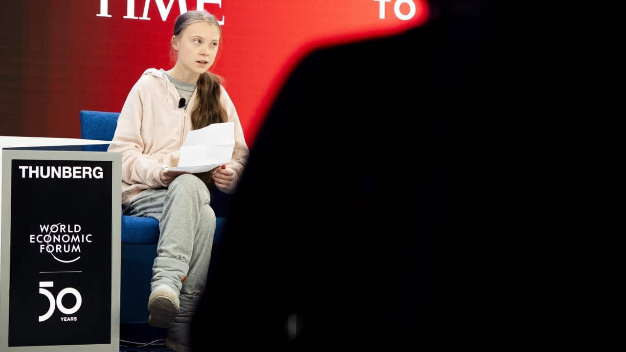 Greta Thunberg attends a panel session during the 50th annual meeting of the World Economic Forum (WEF) in Davos