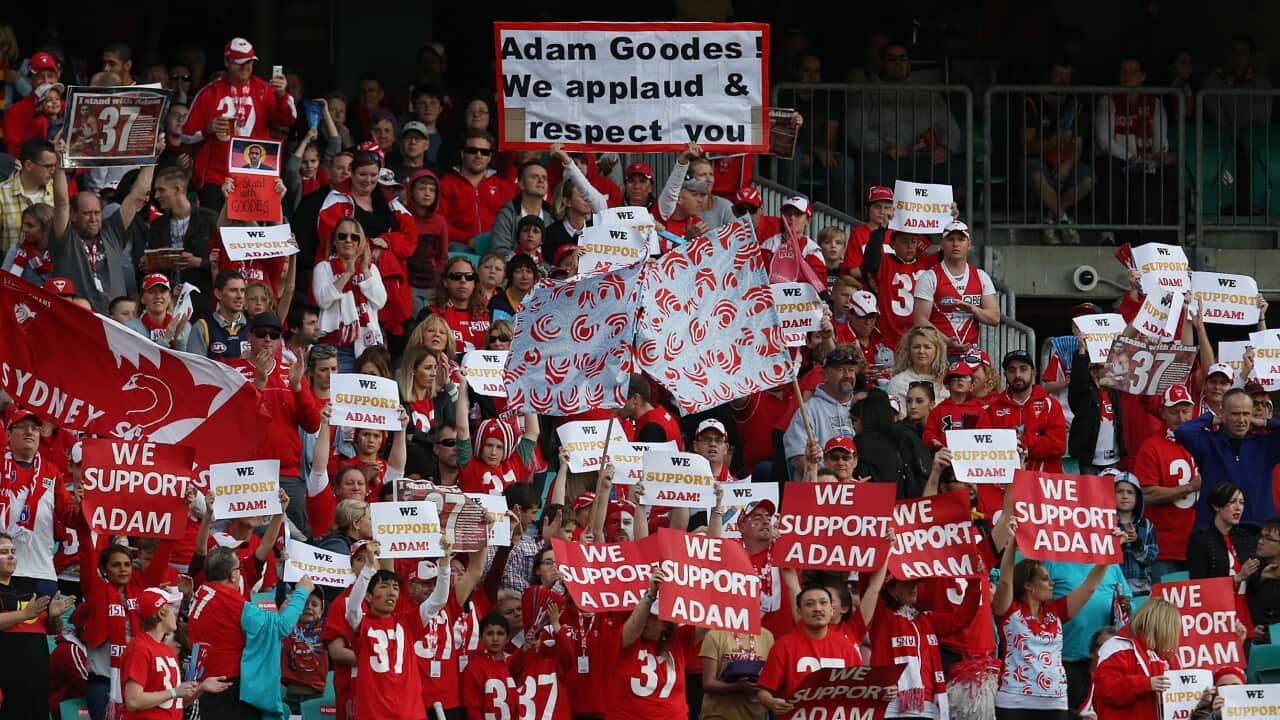 Sydney Swans fans holds banners in support of player Adam Goodes during their round 18 AFL match against the Adelaide Crows at the Sydney Cricket Ground, Sydney. (AAP)