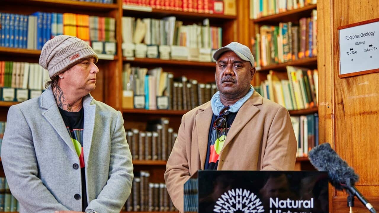 Keron Murray (left) and Smithy Wilson (right), Wuthathi Community Representatives at the Natural History Museum (Image Supplied, Trustees of Natural History Museum, London).jpg
