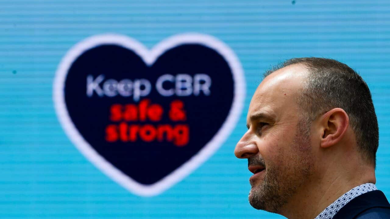 ACT Chief Minister Andrew Barr speaks to the media during a COVID-19 update outside the COVID-19 Vaccination Clinic at the AIS, Monday, October 11, 2021.