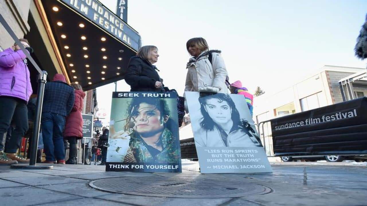Protestors outside Leaving Neverland doc at Sundance which centres around child abuse allegations against Michael Jackson (Getty)