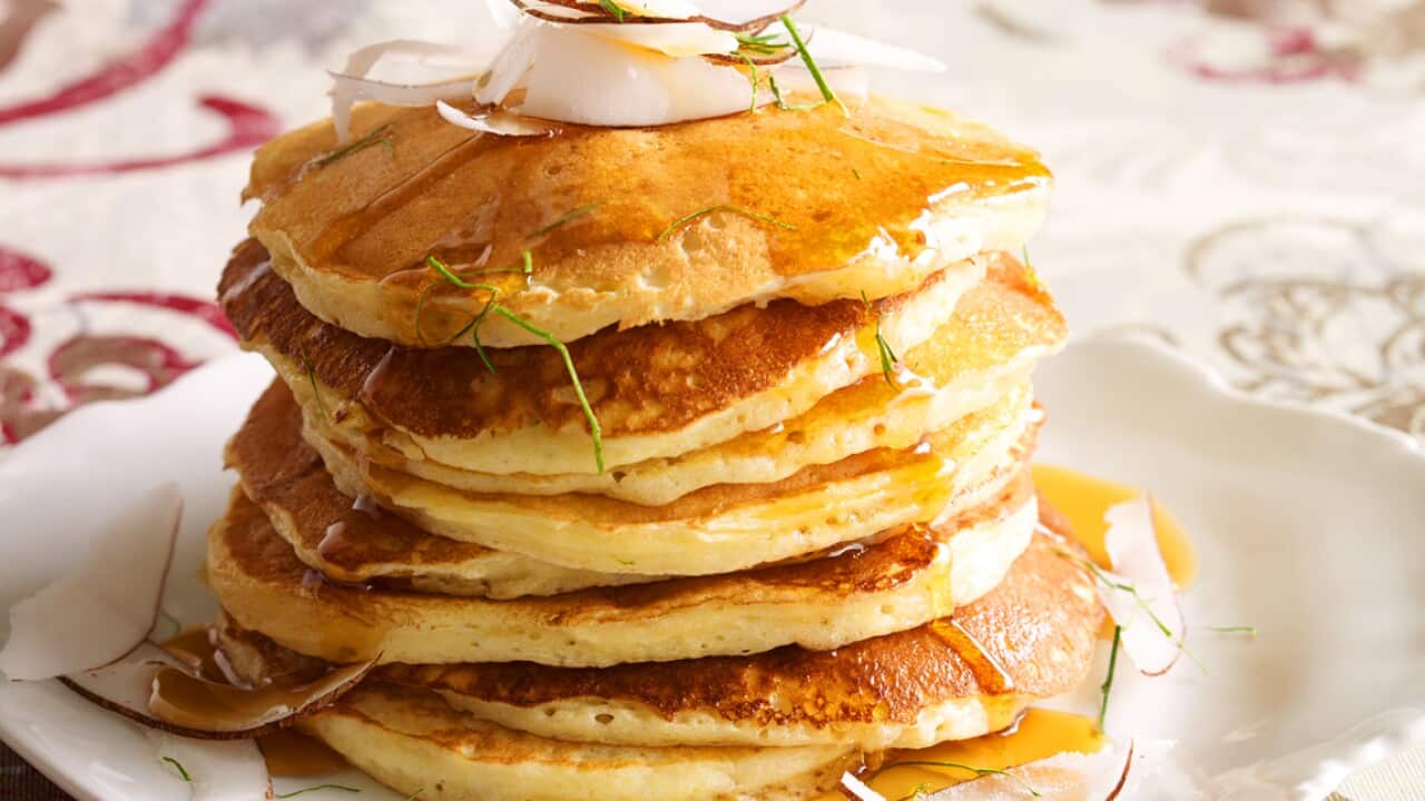 Buttermilk pancakes with fresh coconut and makrut lime maple syrup