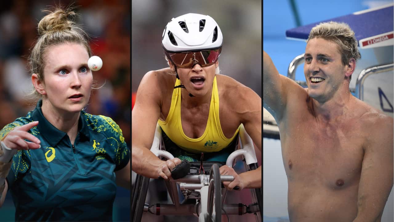 A composite image of Paralympians playing table tennis, competing in wheelchair racing, and in a swimming pool.