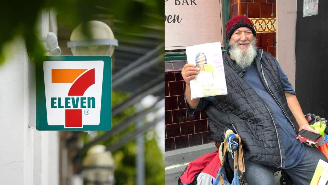 7-Eleven logo with man selling the Big Issue magazine.