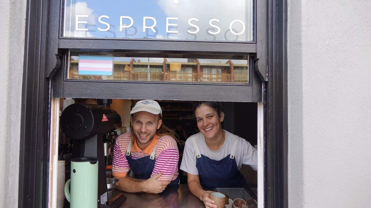 Chrissie & Zach at Assembly cafe in Carlton, which is displaying the transgender flag today.