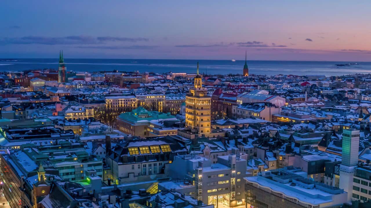 Aerial view of Helsinki at a winter night