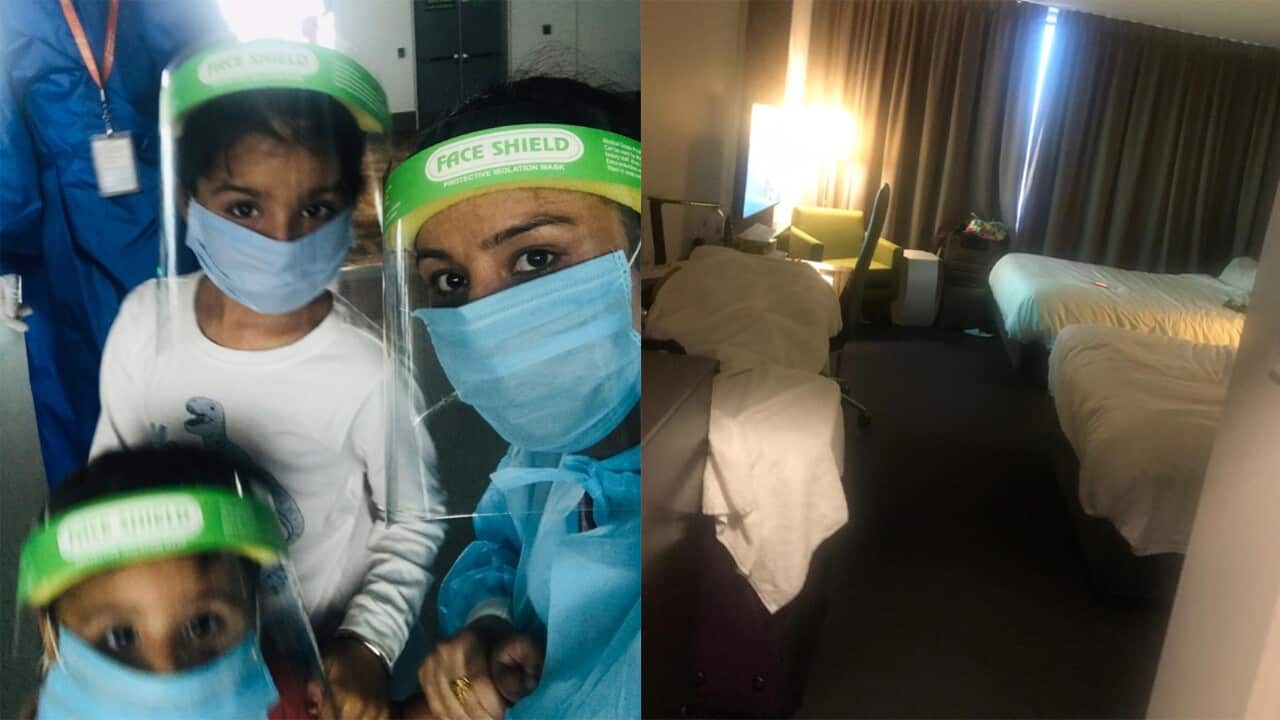 Labhjot Kaur and her two children (Left); their room at Pullman, Adelaide.