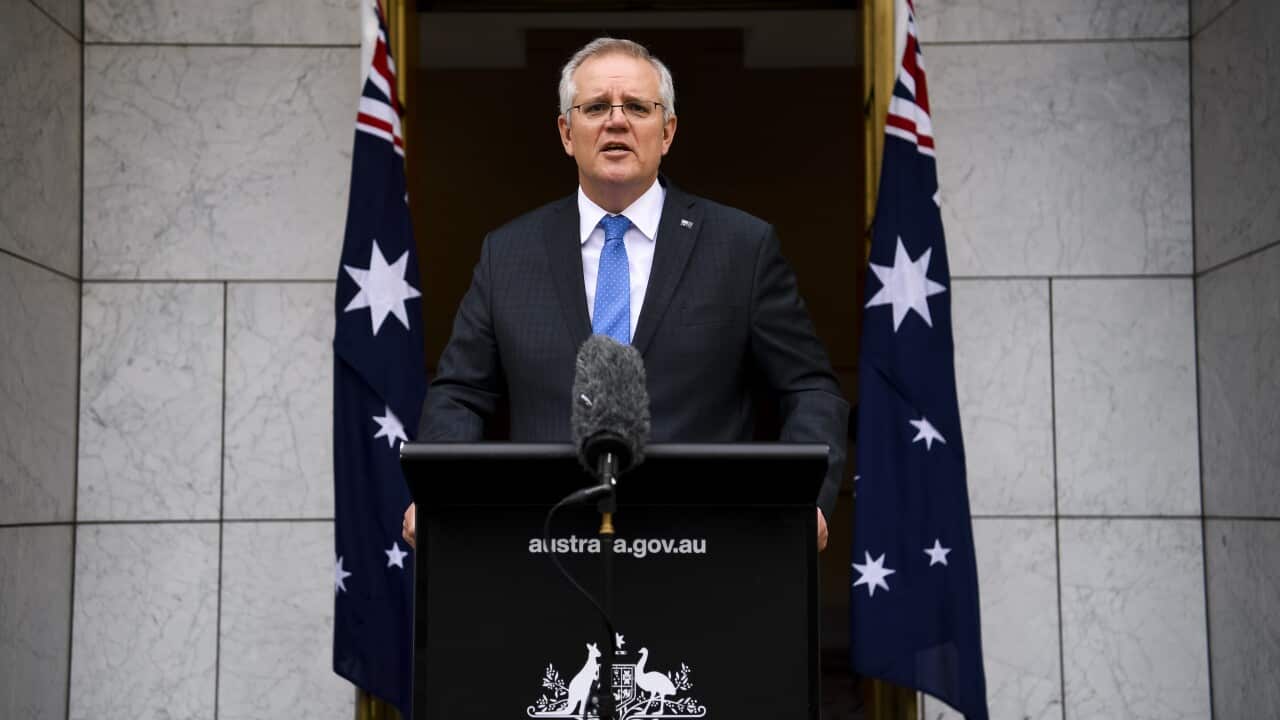 Australian Prime Minister Scott Morrison speaks to the media during a press conference at Parliament House in Canberra.
