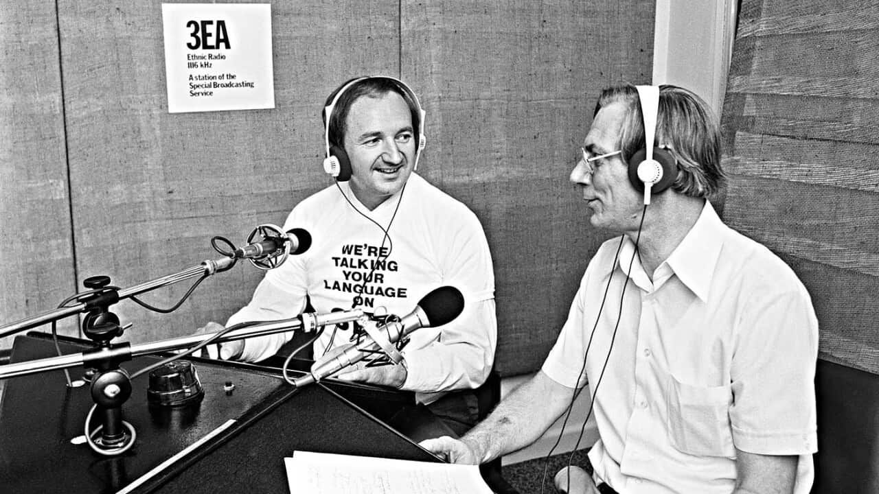 Minister for Immigration Ian MacPhee (right) visits 3EA, 1979 (Courtesy National Archives of Austalia A12111-8112097)