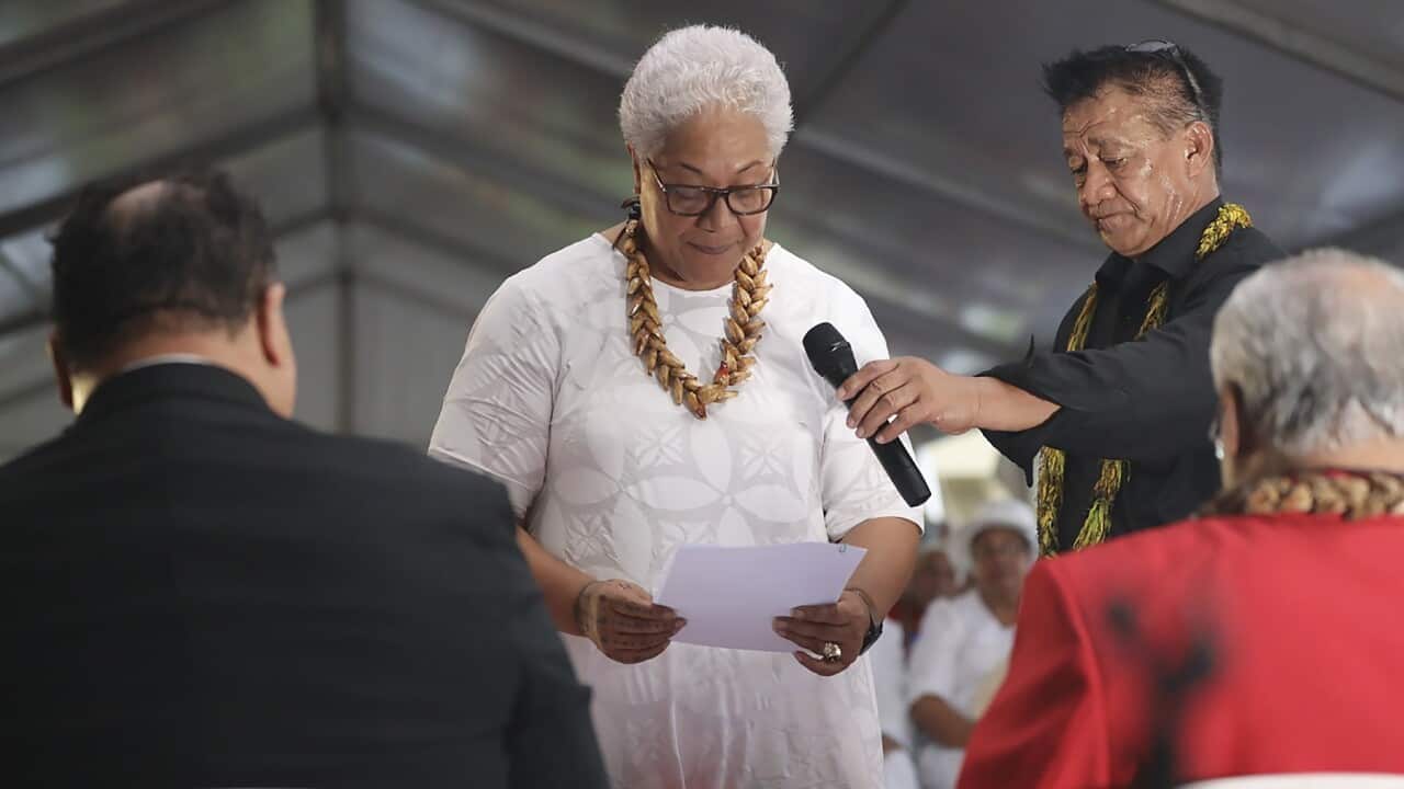 Samoa's Prime Minister-elect Fiame Naomi Mata'afa takes her oath at an unofficial ceremony