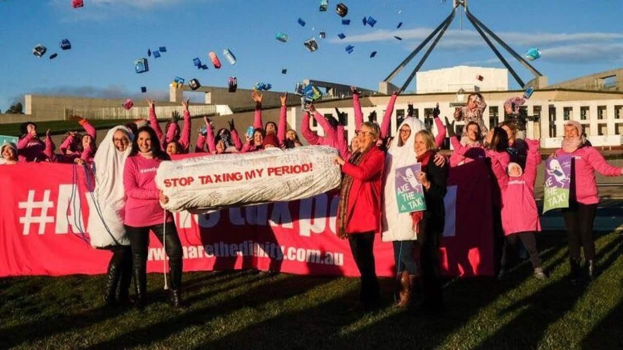 Greens senators at a a protest in front of Parliament House against the GST on tampons in June