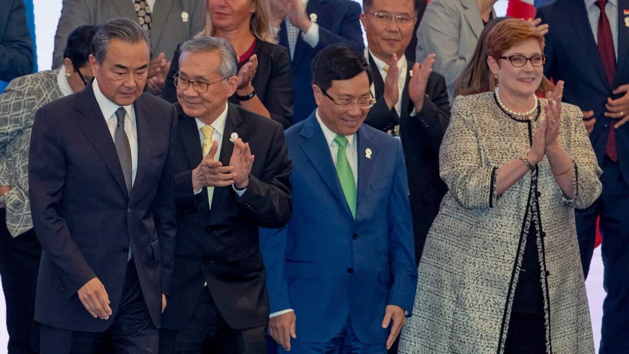 China Foreign Minister Wang Yi and Australia Foreign Minister Affairs Marise Payne at the ASEAN summit in Bangkok.
