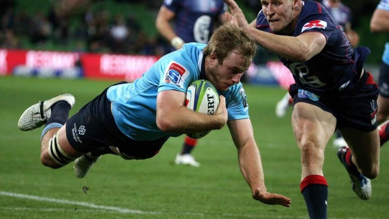 Will Miller of the Waratahs scores a try.