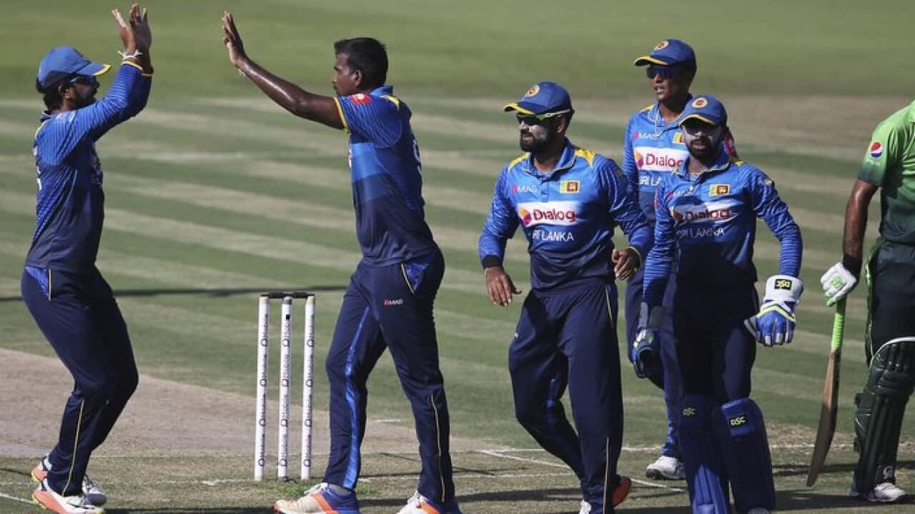 Sri Lanka's bowler Lahiru Gamage and his teammates celebrate the dismissal of Pakistan's Fakhar Zaman during their second ODI cricket match against Pakistan in Abu Dhabi, United Arab Emirates, Monday, Oct. 16, 2017. (AP Photo/Kamran Jebreili)