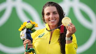 Jessica Fox wearing Australian colours after winning a gold medal at the Tokyo Olympics