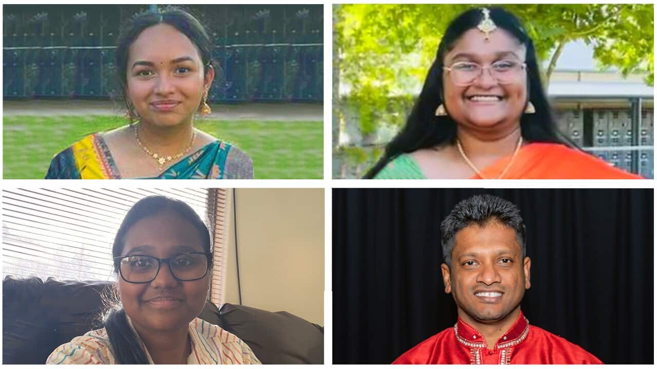 Top achievers in Tamil Continuers course Surya Ruba Rishikandhan (Top Left), Dharshigaa Gaya (Top Right), Rudhra Prabhanya V Prabhakar (Bottom Left), and the principal of the language school they attended, Mr Sivamainthan Kamalanathan (Bottom right).