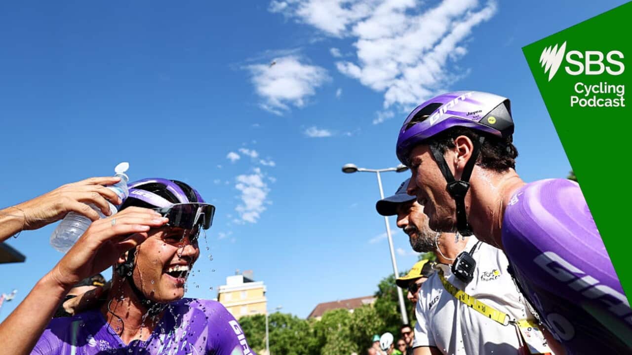 BELFORT, FRANCE - JULY 17: (L-R) Luke Plapp of Australia and stage winner Mauro Schmid of Switzerland and Team Jayco AlUla react after the 113th Tour de France 2026, Stage 13 a 205.8km stage from Dole to Belfort / #UCIWT / on July 17, 2026 in Belfort, France. (Photo by Anne-Christine Poujoulat - Pool/Getty Images)