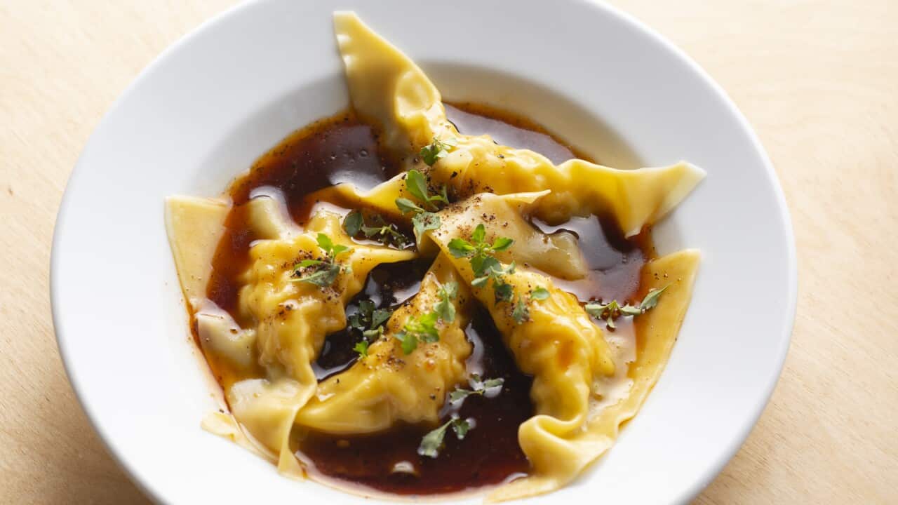 On the menu at Lucky Kwong: Steamed prawn dumplings with Sichuan chilli and Jiwah native mint.