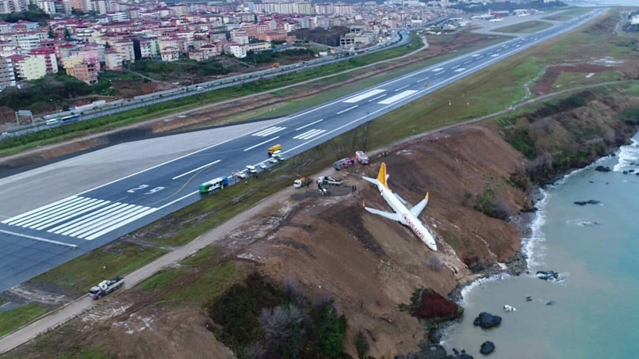 A Boeing 737-800 passenger plane of Pegasus Airlines sits on a cliff crashed after going off the runway at Trabzon Airport in Trabzon, Turkey, 14 January 2018.
