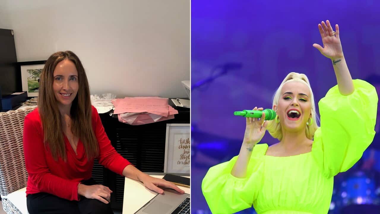 A split image. On the left is a woman sitting at a laptop on a desk, on the right is a woman singing on stage.