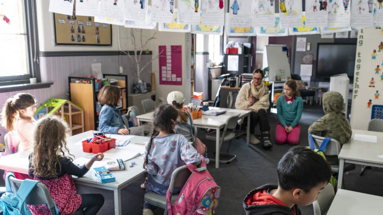 A classroom with children at desks and the female teacher facing the class.