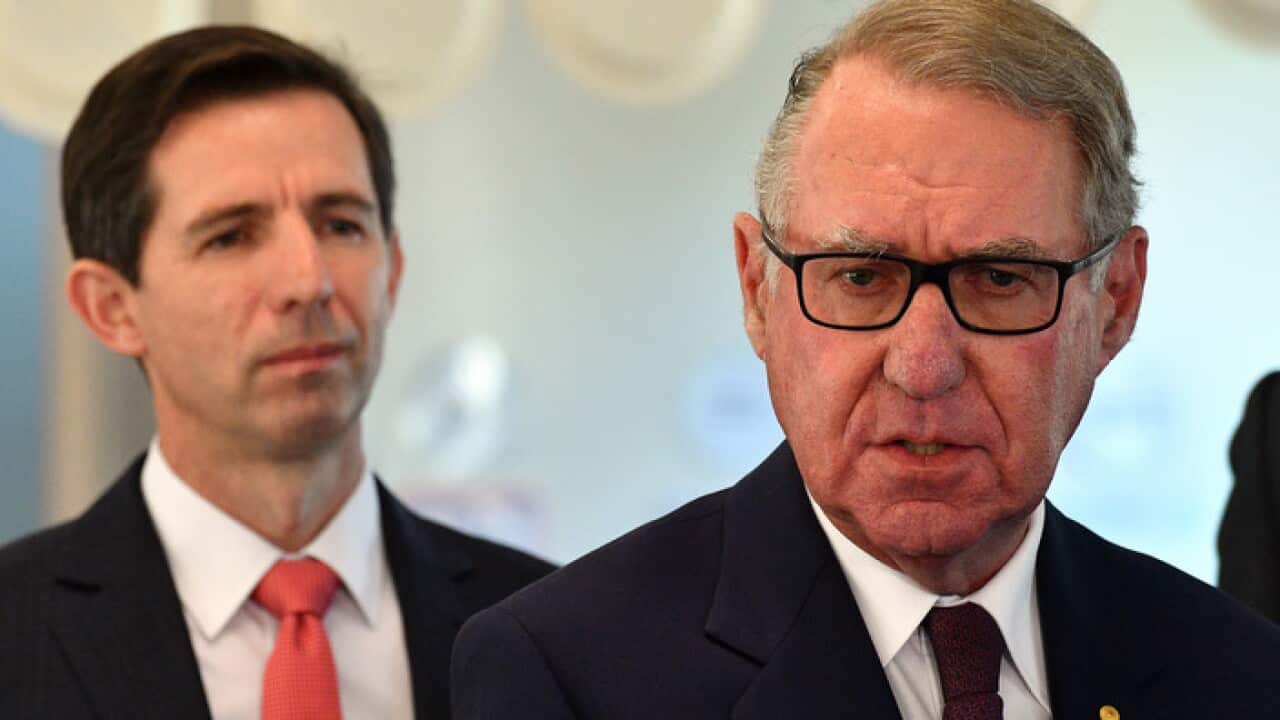 Businessman David Gonski and Minister for Education Simon Birmingham at Ermington West Public School in Sydney, Monday, April 30, 2018. (AAP Image/Mick Tsikas) NO ARCHIVING