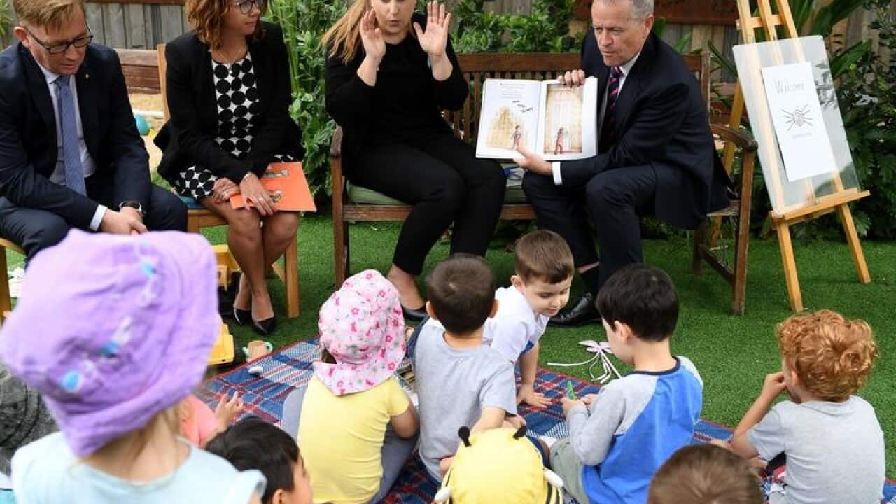 Opposition Leader Bill Shorten reading to children in Sydney.