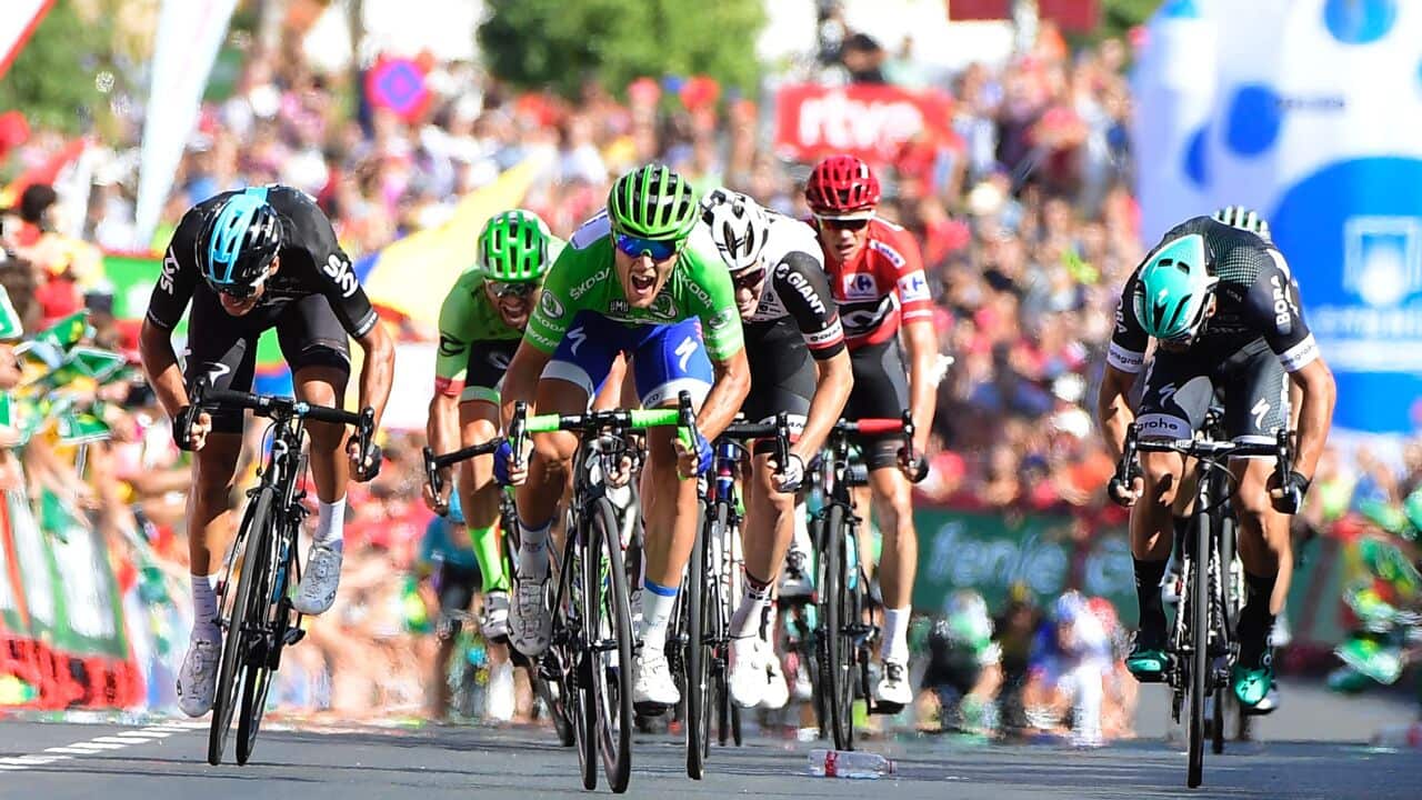 Matteo Trentin beats out Sky's Gianni Moscon to the win in Tomares (Getty)