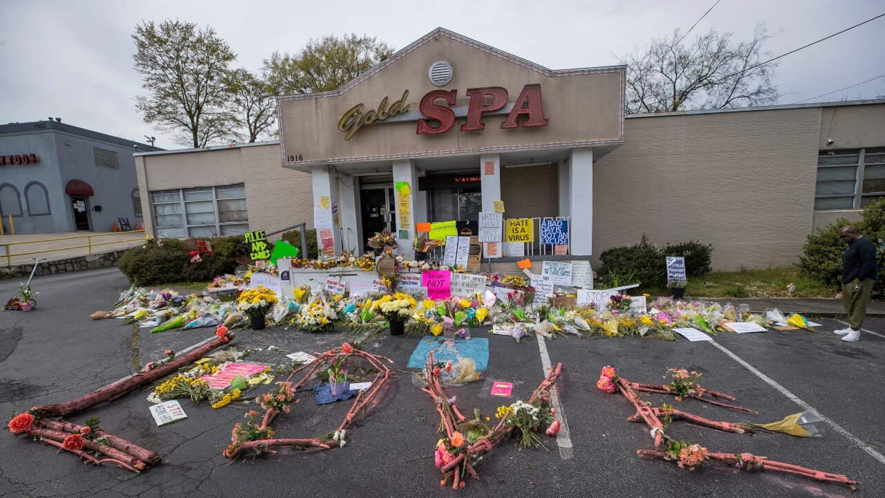 The scene of a massage parlor shootings in Atlanta, Georgia on 23 March 2021, in the aftermath of the Boulder, Colorado, grocery store shooting.